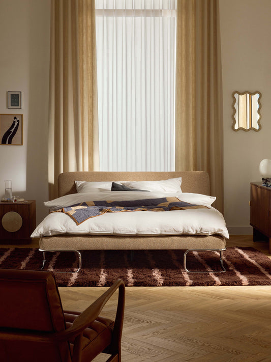 Draggery Olina Upholstered Bed with Metal Legs, Bouclé