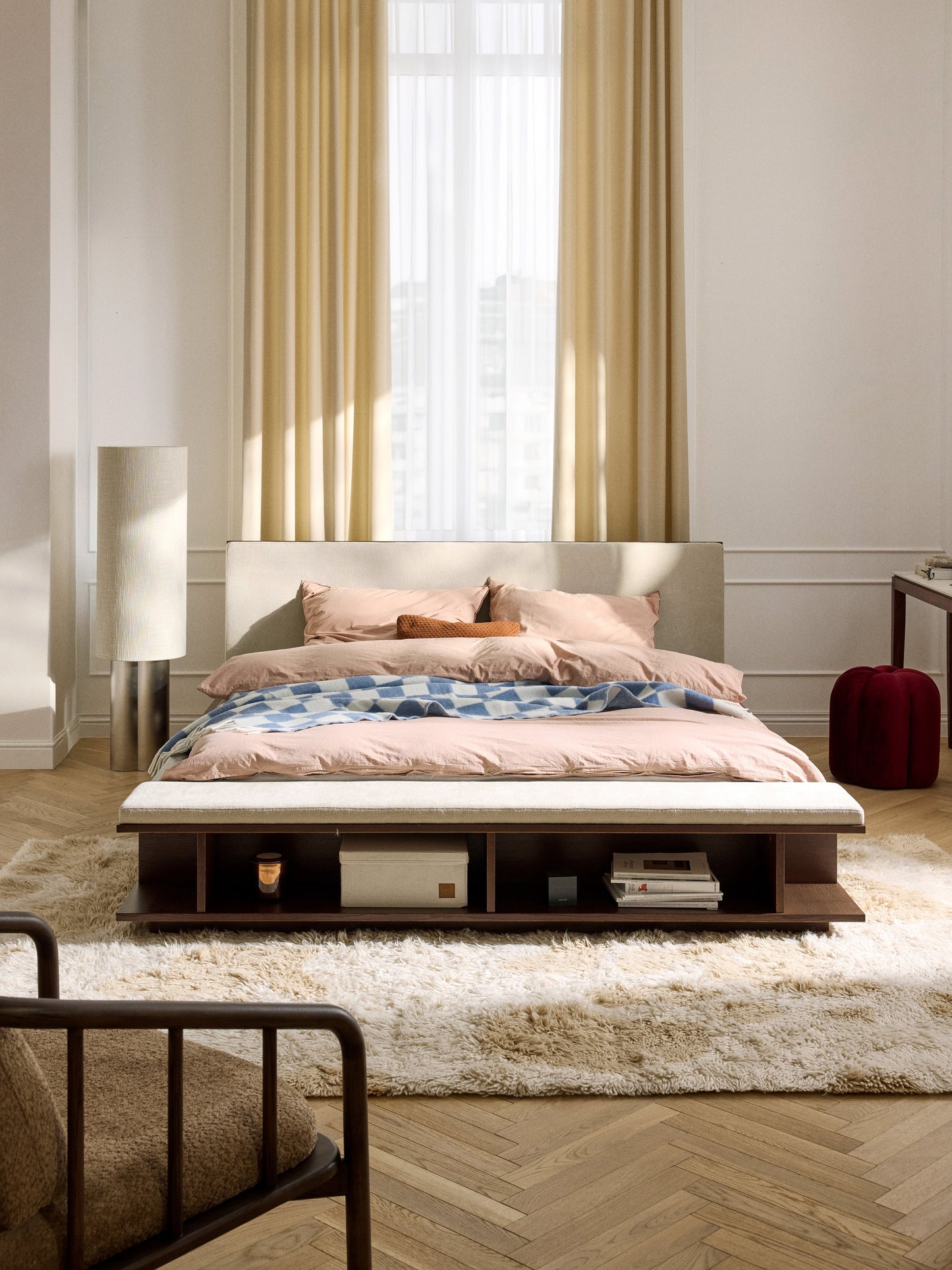 Draggery Clark Bed Frame, Wooden, with Bench and Side Shelves