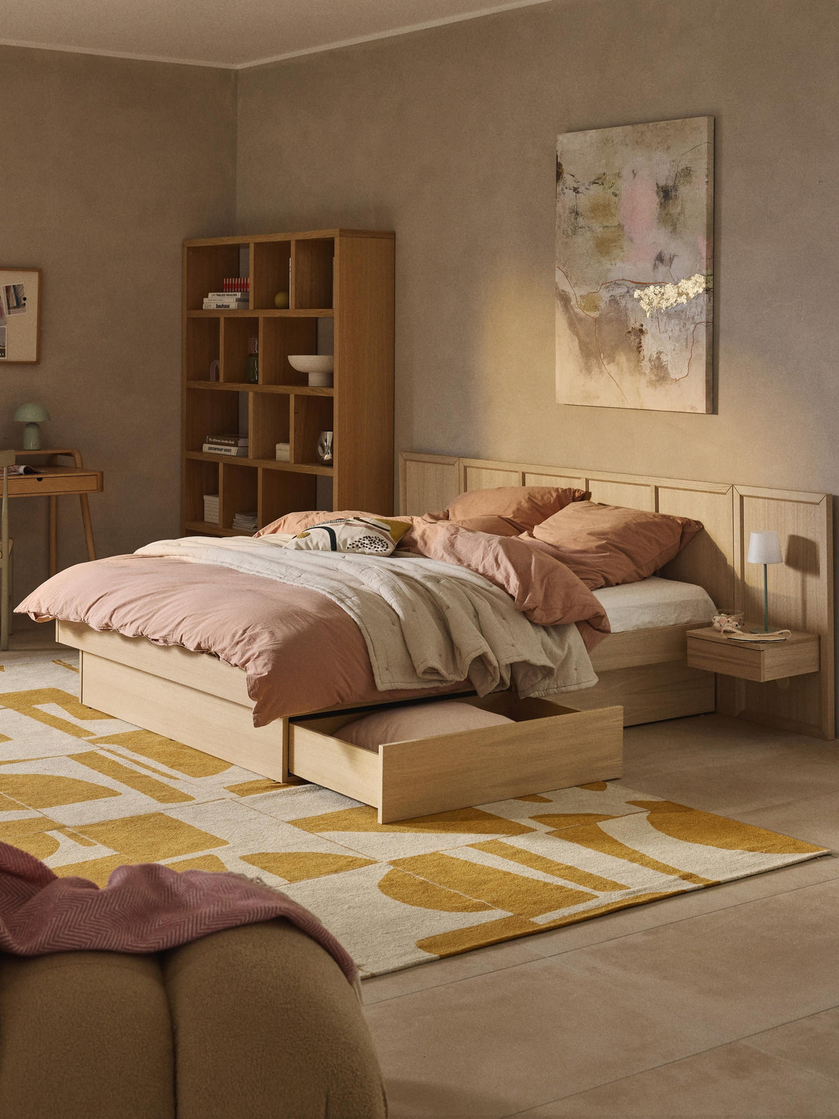Draggery Nanto Bed Made of Wood with Bedside Tables and Headboard